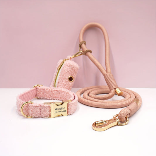 Ensemble collier personnalisé pour chien en velours Teddy - Rose - Woufinity